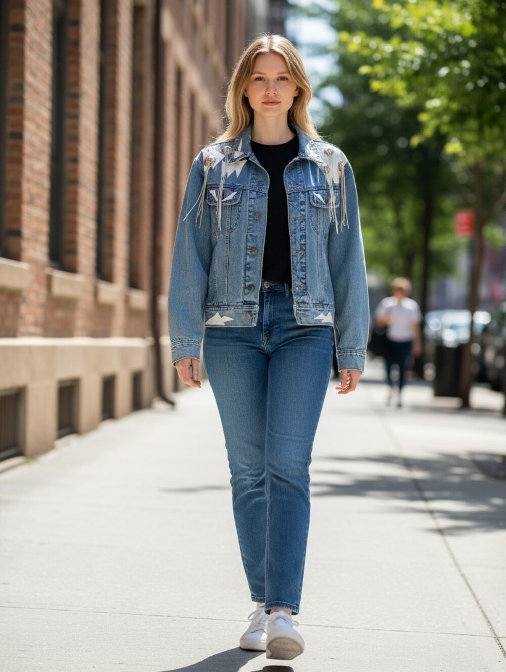 Vintage Karuba Street Denim Jacket – Leather Appliqué & Fringe